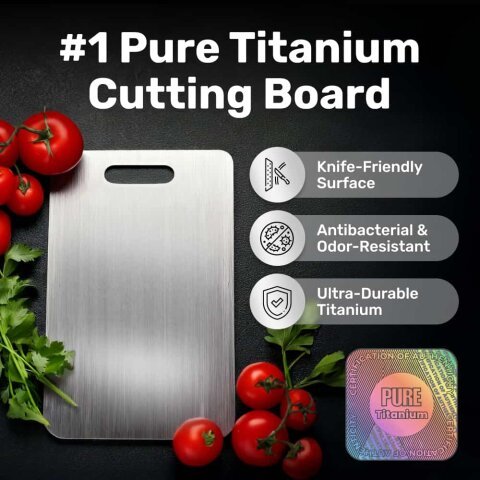 Katori titanium cutting board in active kitchen use for slicing meat and vegetables, displaying its scratch-resistant, knife-friendly, and non-stick surface.